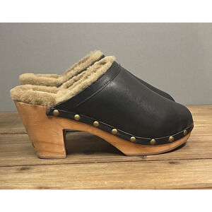 Beek Women's Woodpecker Shearling Clogs Size 8 Black Leather Wooden Heel Studded